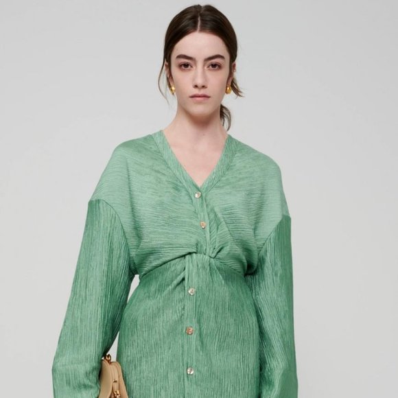 Nanushka JOHANNA – Pleated Twist-Front Dress – Metallic Green Green